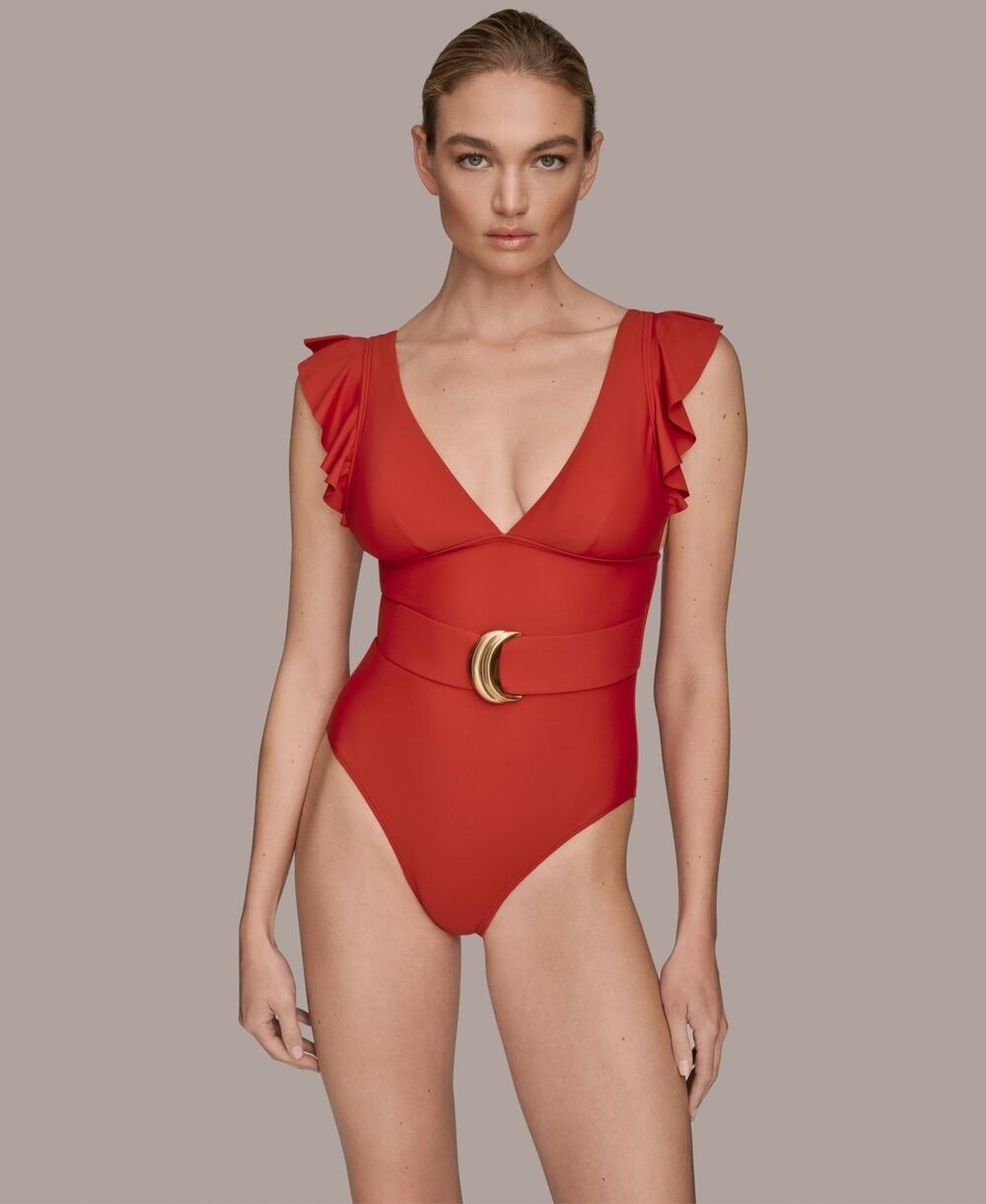 Donna Karan New York Belted Flutter-Sleeve One-Piece Swimsuit Red Size M 2015